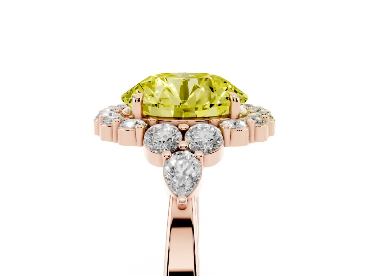 Fancy Yellow Round Cut Diamond Halo Ring with Pear Side Stones and Prong Setting Rose gold