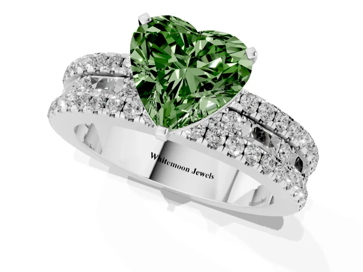 Fancy Green Heart Cut Diamond Solitaire Ring with Pavé and Channel Set Band Platinum