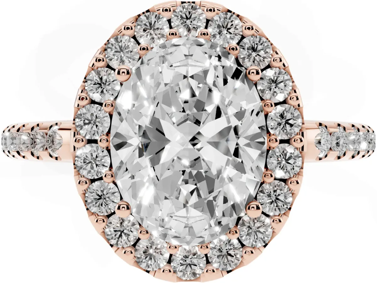 Oval Cut Diamond Pavé Halo Ring with Four-Prong Setting Rose gold