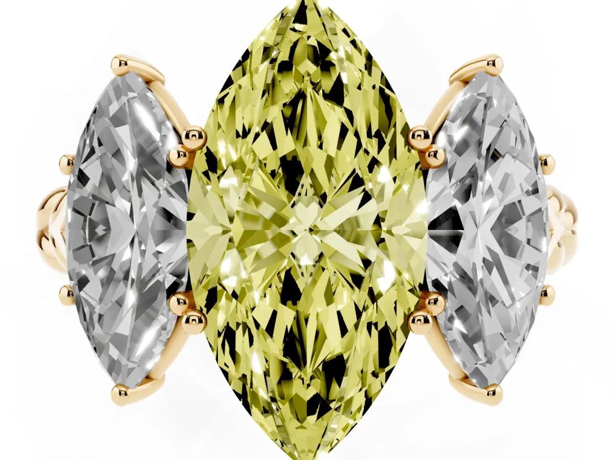 Fancy Yellow Three-Stone Marquise Cut Diamond Braided Band Ring with Four-Prong Setting Yellow gold