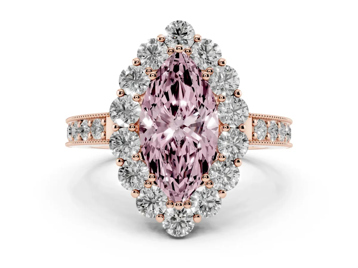 Fancy Pink Marquise Cut Cut Halo Diamond Pavé Engagement Ring with Milgrain Detailing Rose gold