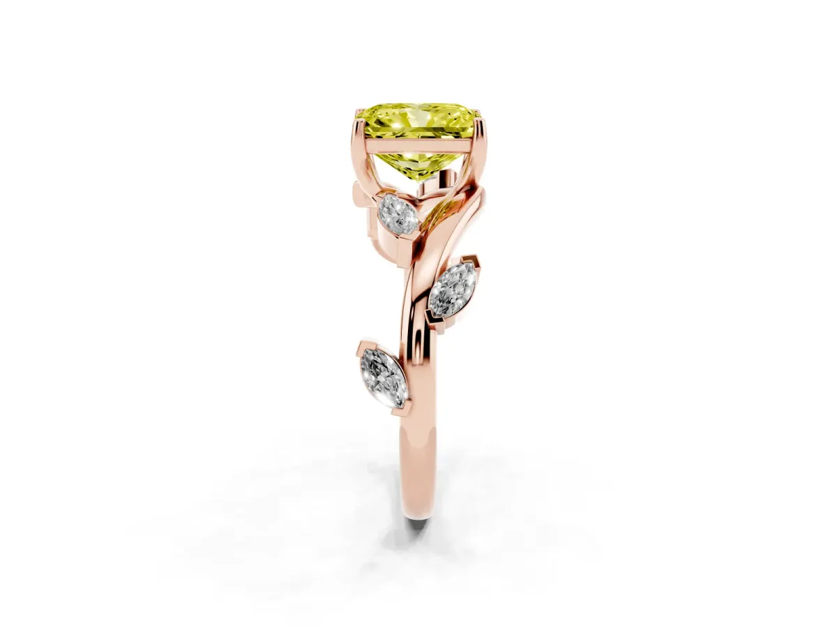 Fancy Yellow Radiant Cut Solitaire Twisted Band Marquise Accent Prong Setting Ring Rose gold