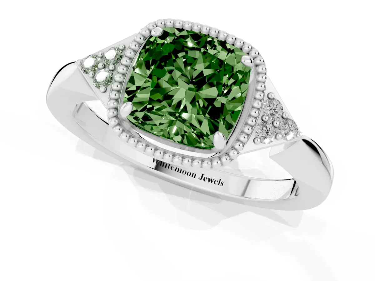 Fancy Green Hexagonal Halo Cushion Cut Diamond Solitaire with Pavé Band and Four-Prong Setting White gold