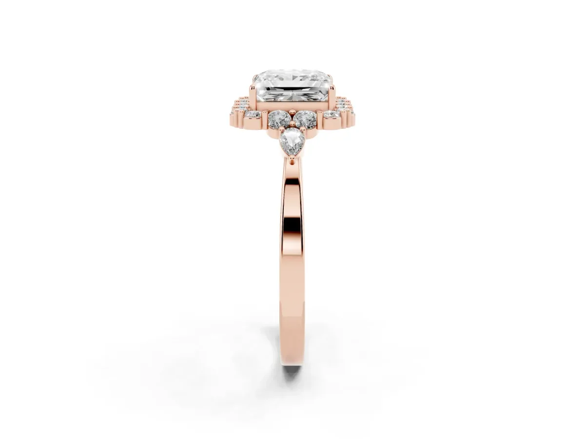 Princess Cut Diamond Halo Ring with Pear Side Stones and Prong Setting Rose gold