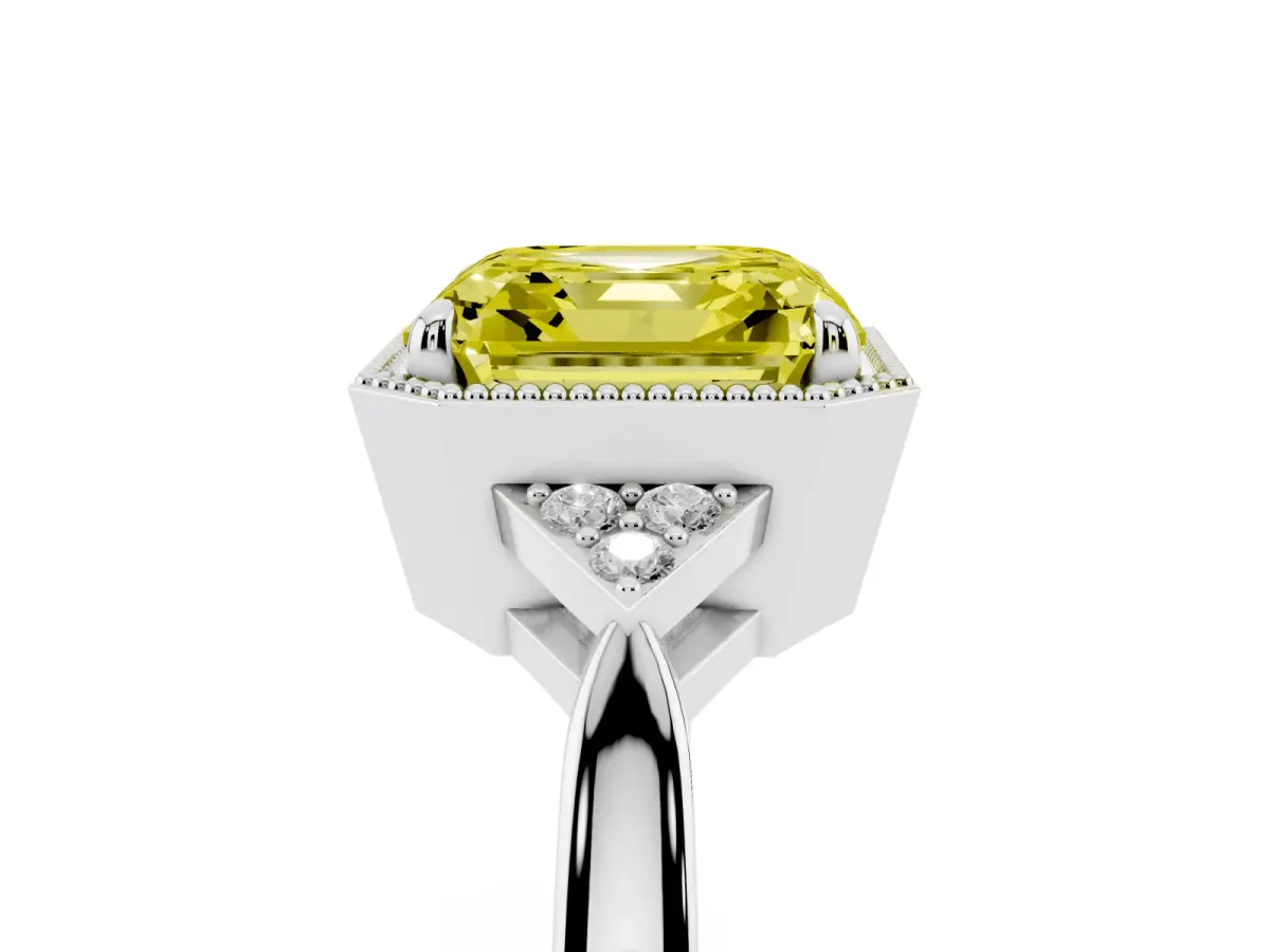 Fancy Yellow Asscher Cut Diamond Halo Ring with Tapered Band and Four-Prong Setting Platinum