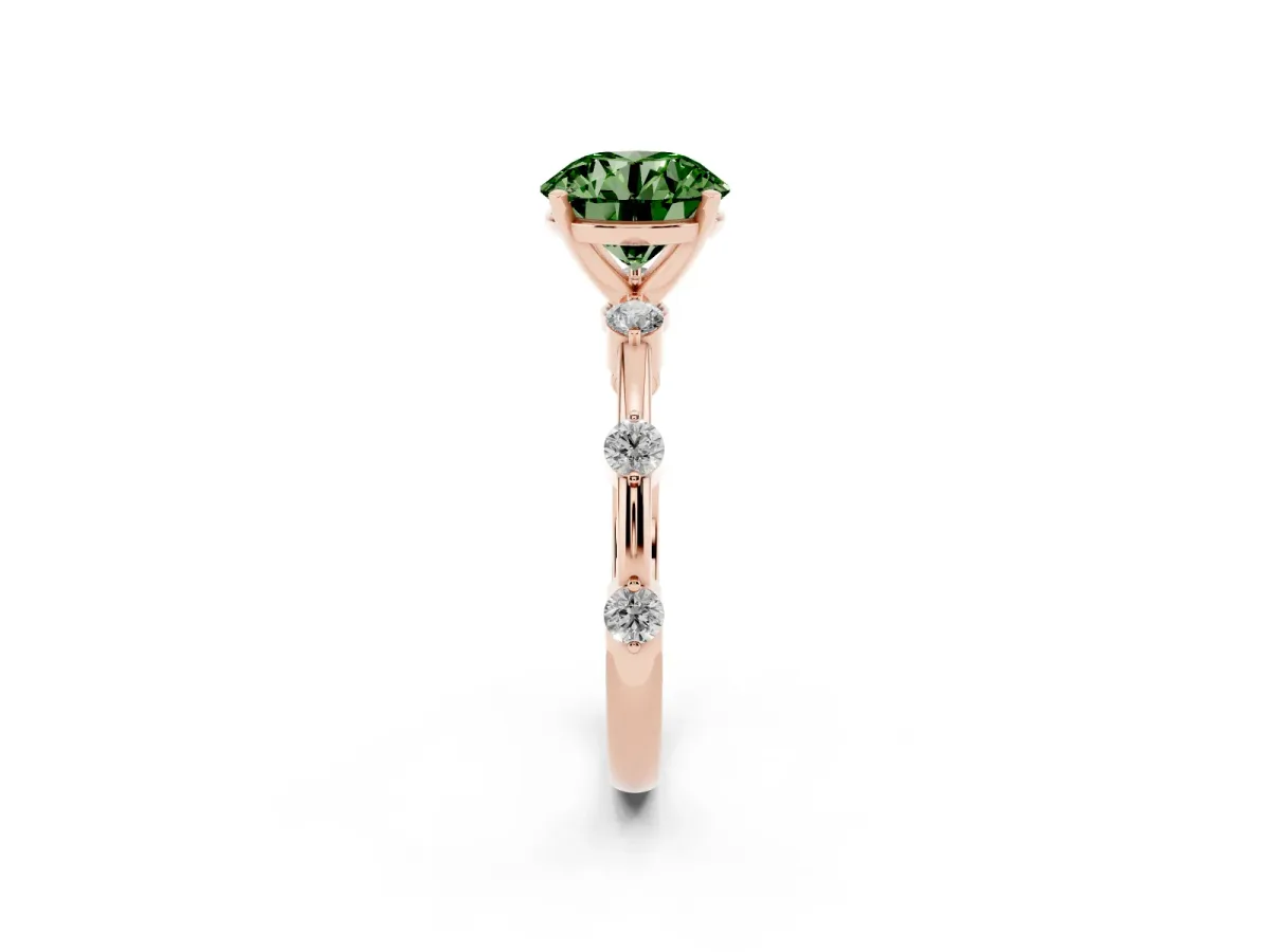 Fancy Green Round Cut Solitaire Diamond Ring with Bezel Set Side Stones and Prong Setting Rose gold