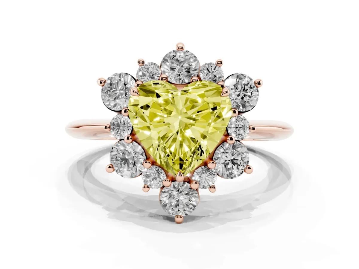Fancy Yellow Heart Cut Diamond Cluster Halo Ring with Solitaire Band and Four-Prong Setting Rose gold