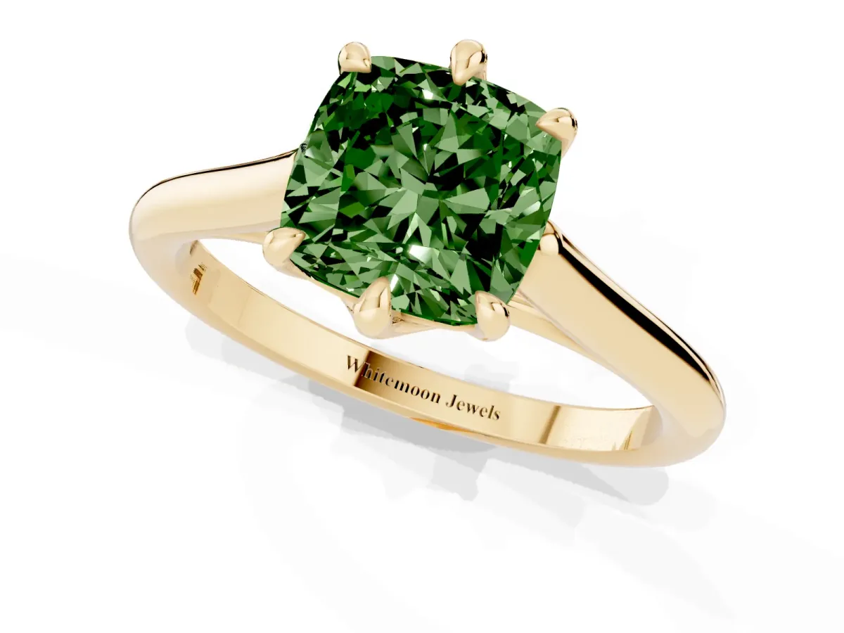 Fancy Green Cushion Cut Solitaire Engagement Ring with Six-Prong Setting and Classic Band Yellow gold