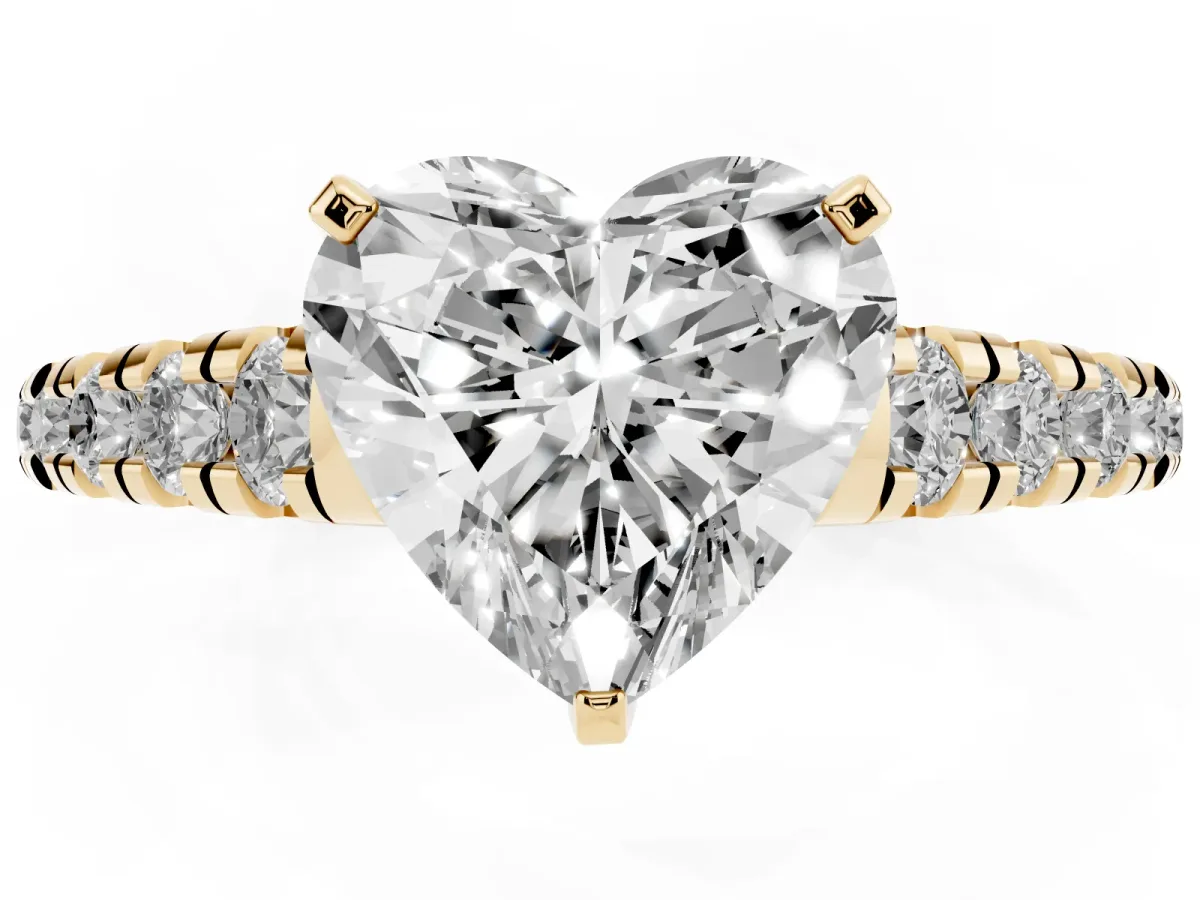 Heart Cut Diamond Cathedral Solitaire Ring with Round Pavé Band Yellow gold