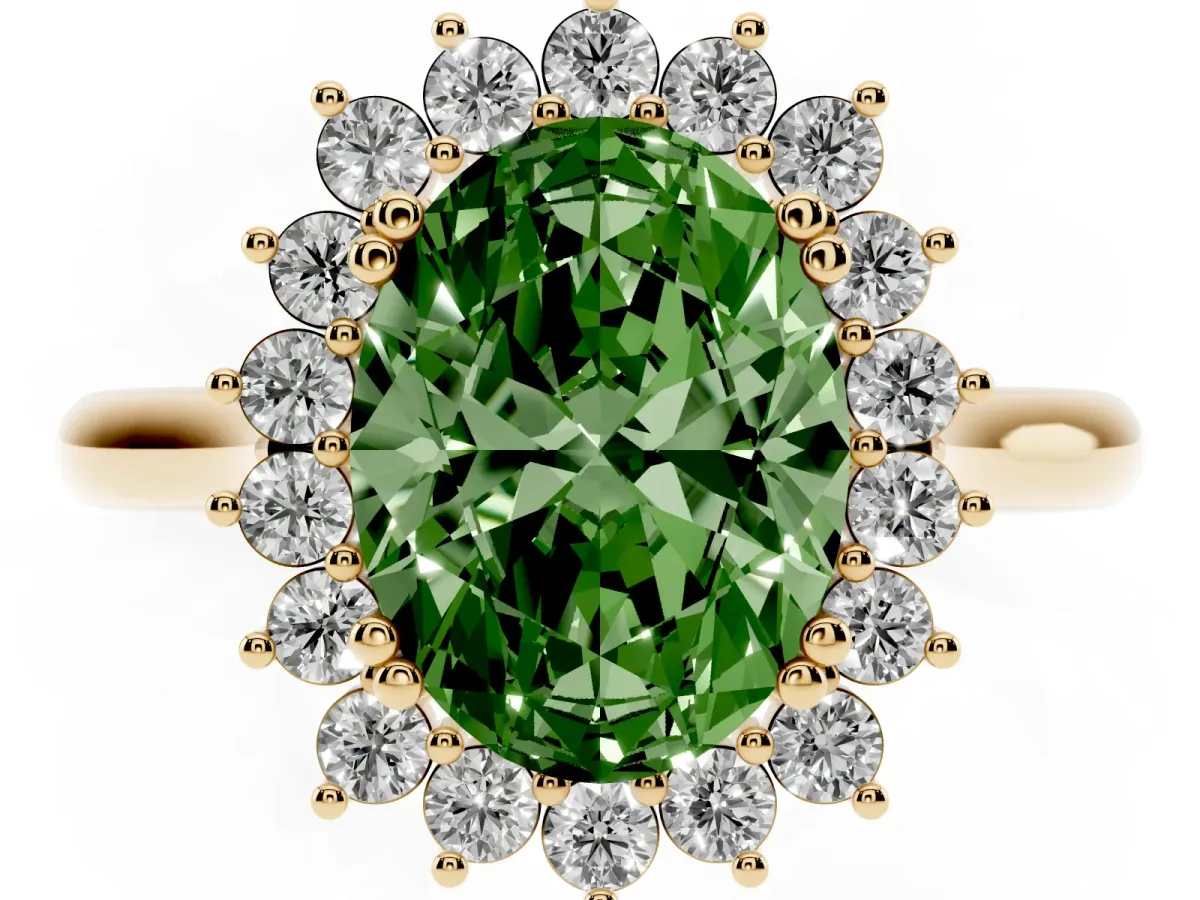 Fancy Green Oval Cut Cut Diamond Halo Ring with Solitaire Band and Prong Setting Yellow gold