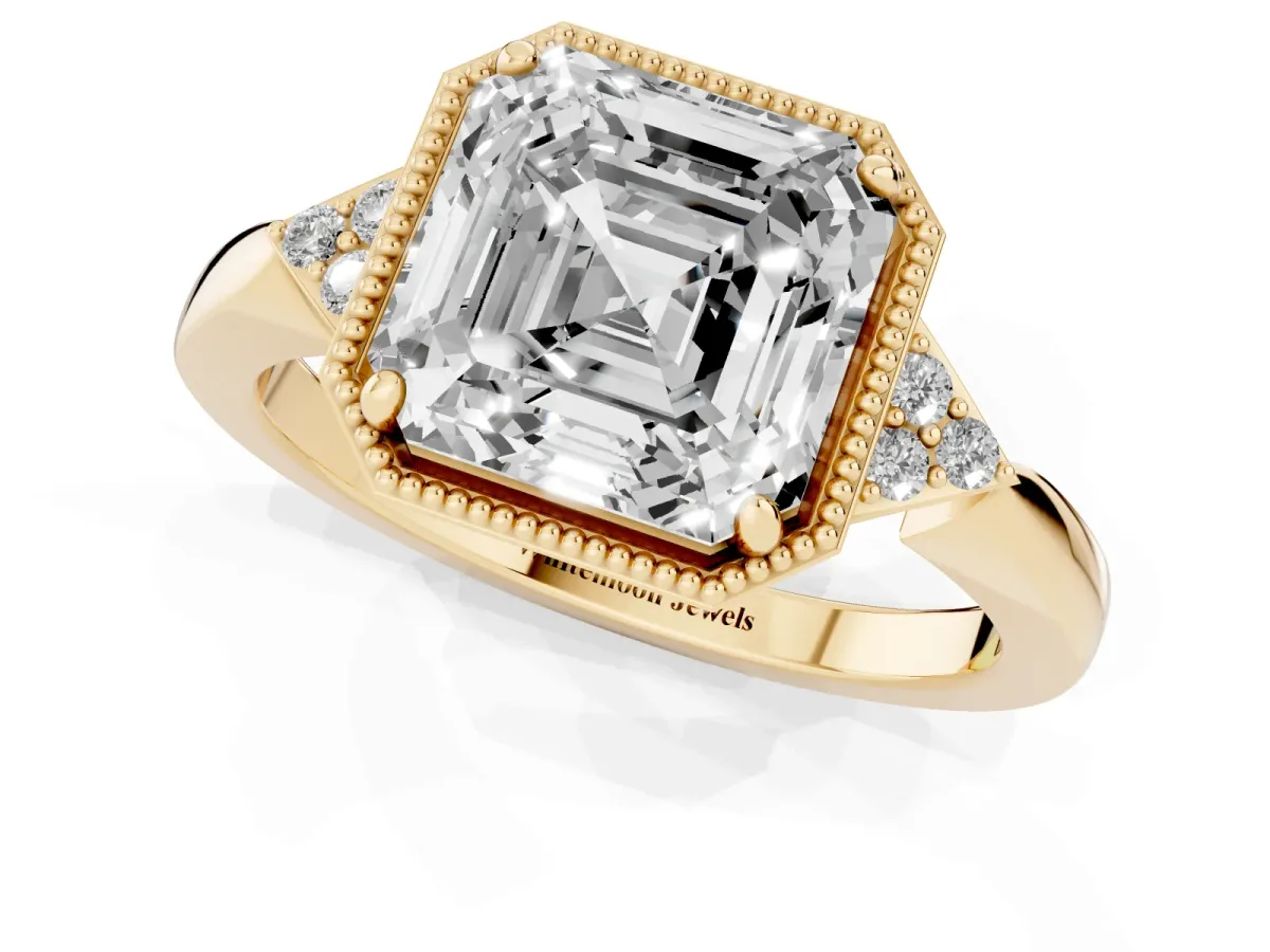 Hexagonal Halo Asscher Cut Diamond Solitaire with Pavé Band and Four-Prong Setting Yellow gold