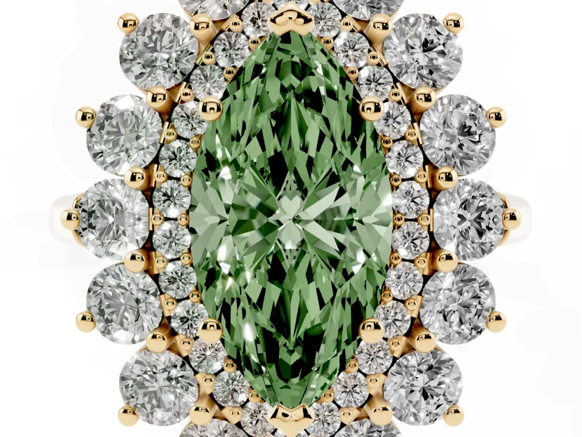 Fancy Green Marquise Cut Diamond Floral Double Halo Engagement Ring with Prong Setting Yellow gold
