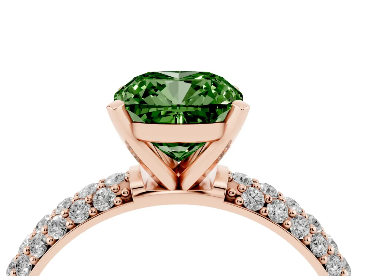 Fancy Green Cushion Cut Diamond Solitaire Ring with Prong Setting and Pavé Band Rose gold