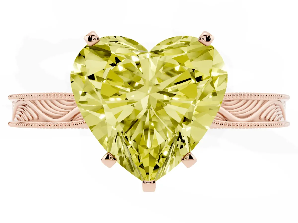 Fancy Yellow Heart Cut Solitaire Milgrain Engraved Band with Four-Prong Setting Rose gold