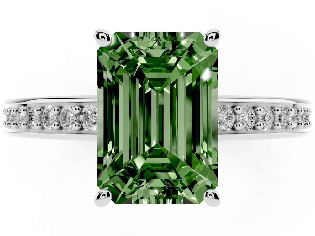 Fancy Green Emerald Cut Solitaire Pavé Band Prong Setting Ring Platinum