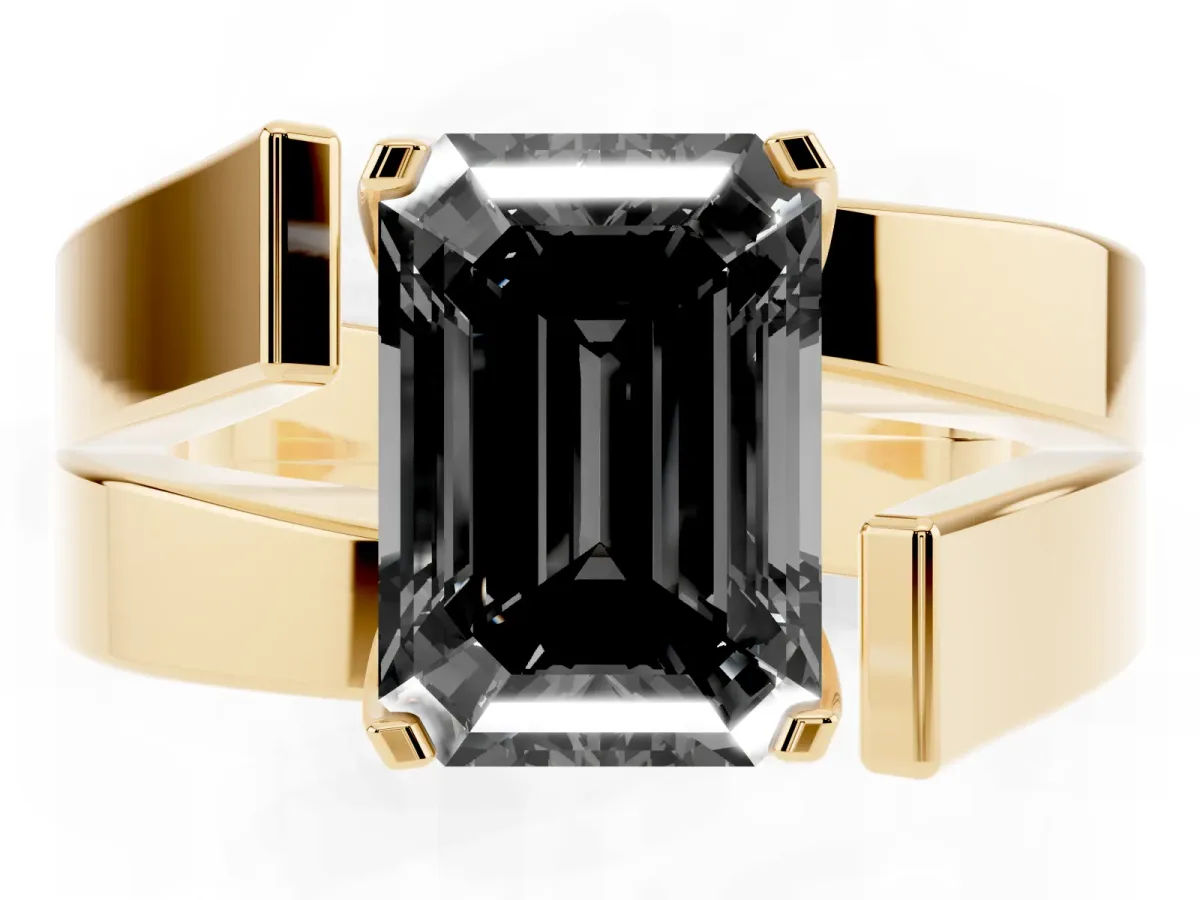 Fancy Black Modern Tension Set Emerald Cut Diamond Solitaire Wide Band Ring Yellow gold