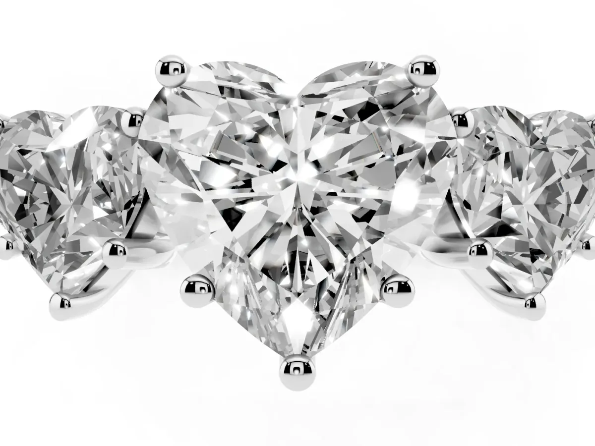 Three-Stone Heart Cut Diamond Ring with Round Pavé Band and Prong Setting Silver