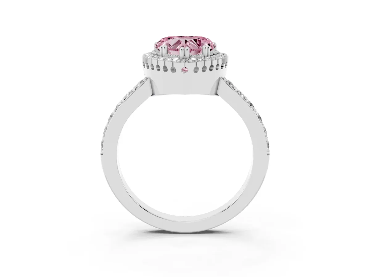 Fancy Pink Heart Cut Cut Diamond Halo Engagement Ring with Milgrain Detail and Pavé Band Silver