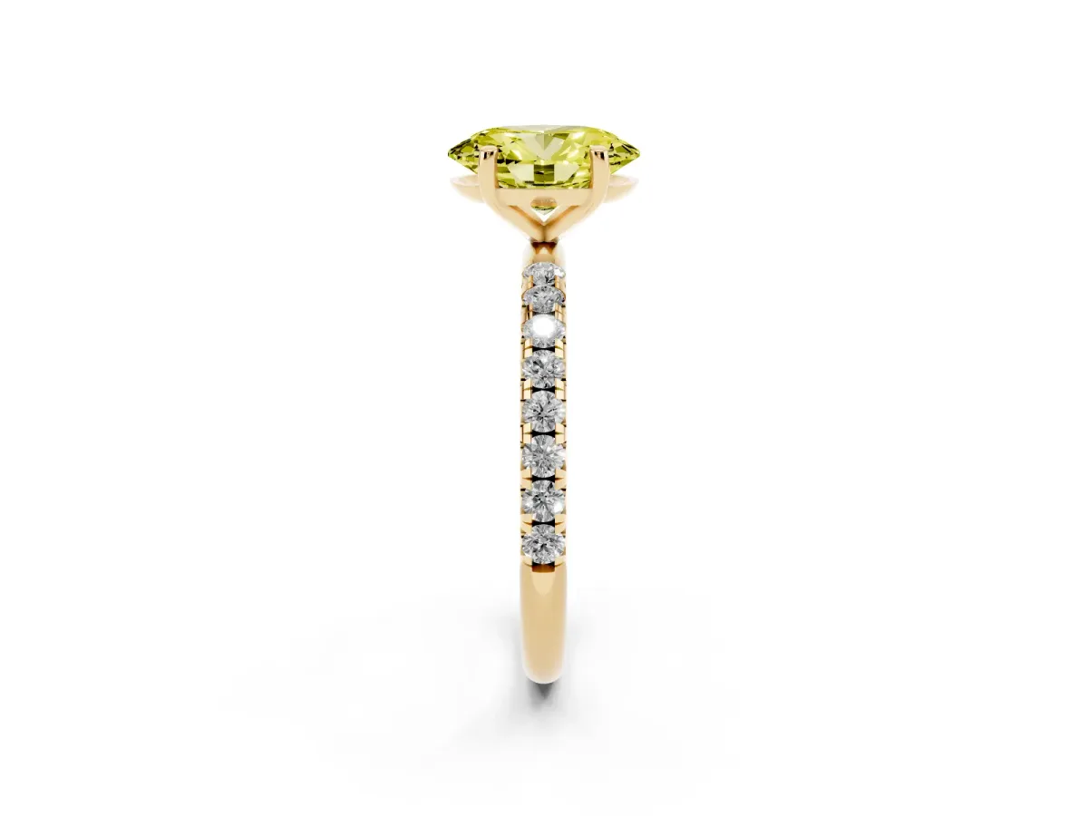 Fancy Yellow Oval Cut Cut Diamond Solitaire Ring with Micro Pave Band and Four Prong Setting Yellow gold