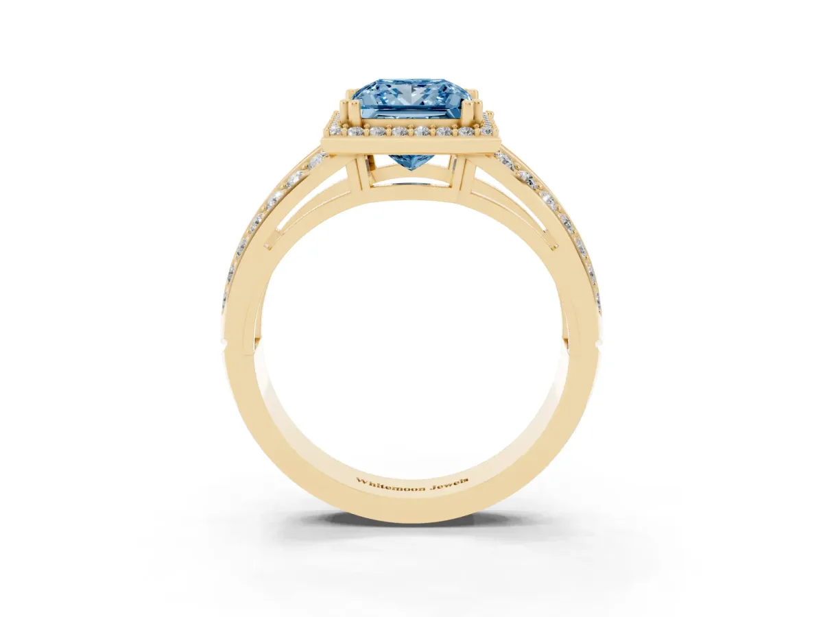 Fancy Blue Princess Cut Diamond Halo Ring with Split Shank Pavé Band and Four-Prong Setting Yellow gold