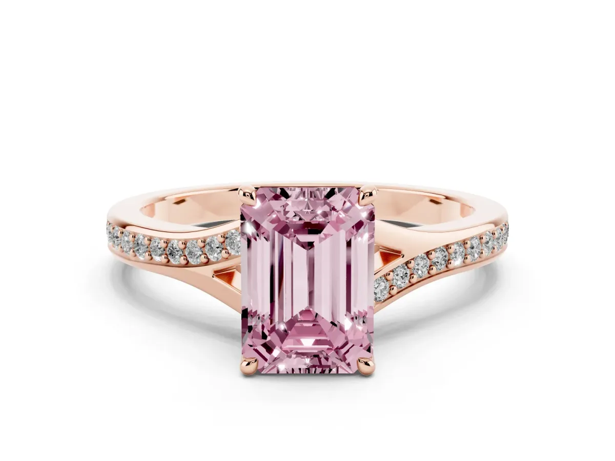 Fancy Pink Emerald Cut Diamond Solitaire Ring with Pavé Band and Prong Setting Rose gold