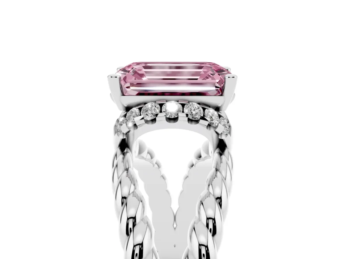 Fancy Pink Emerald Cut Halo Twisted Band Four-Prong Ring Silver