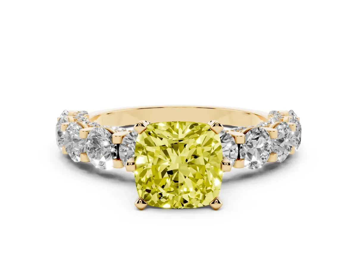 Fancy Yellow Cushion Cut Diamond Side Stone Engagement Ring with Four-Prong Setting Yellow gold