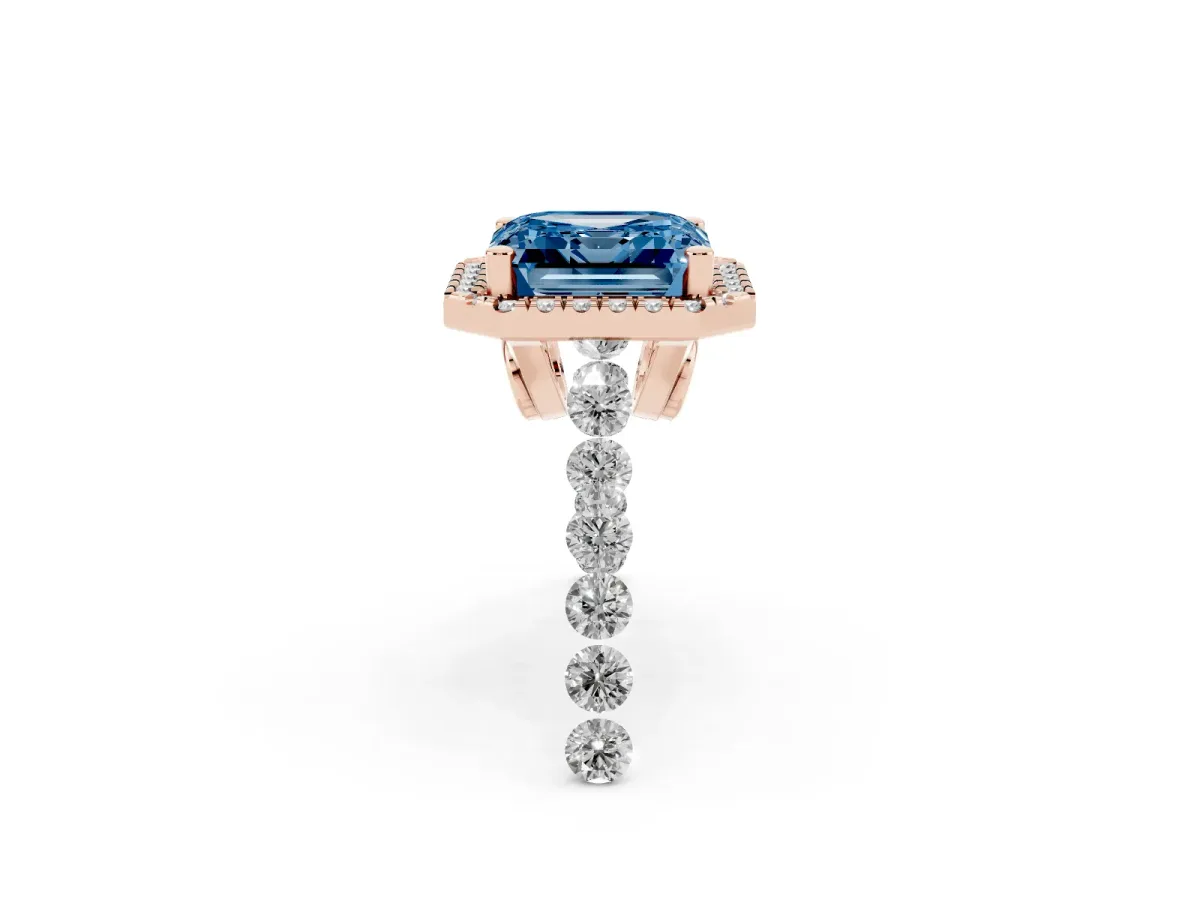Fancy Blue Asscher Cut Halo Pavé Diamond Engagement Ring with Four-Prong Setting Rose gold