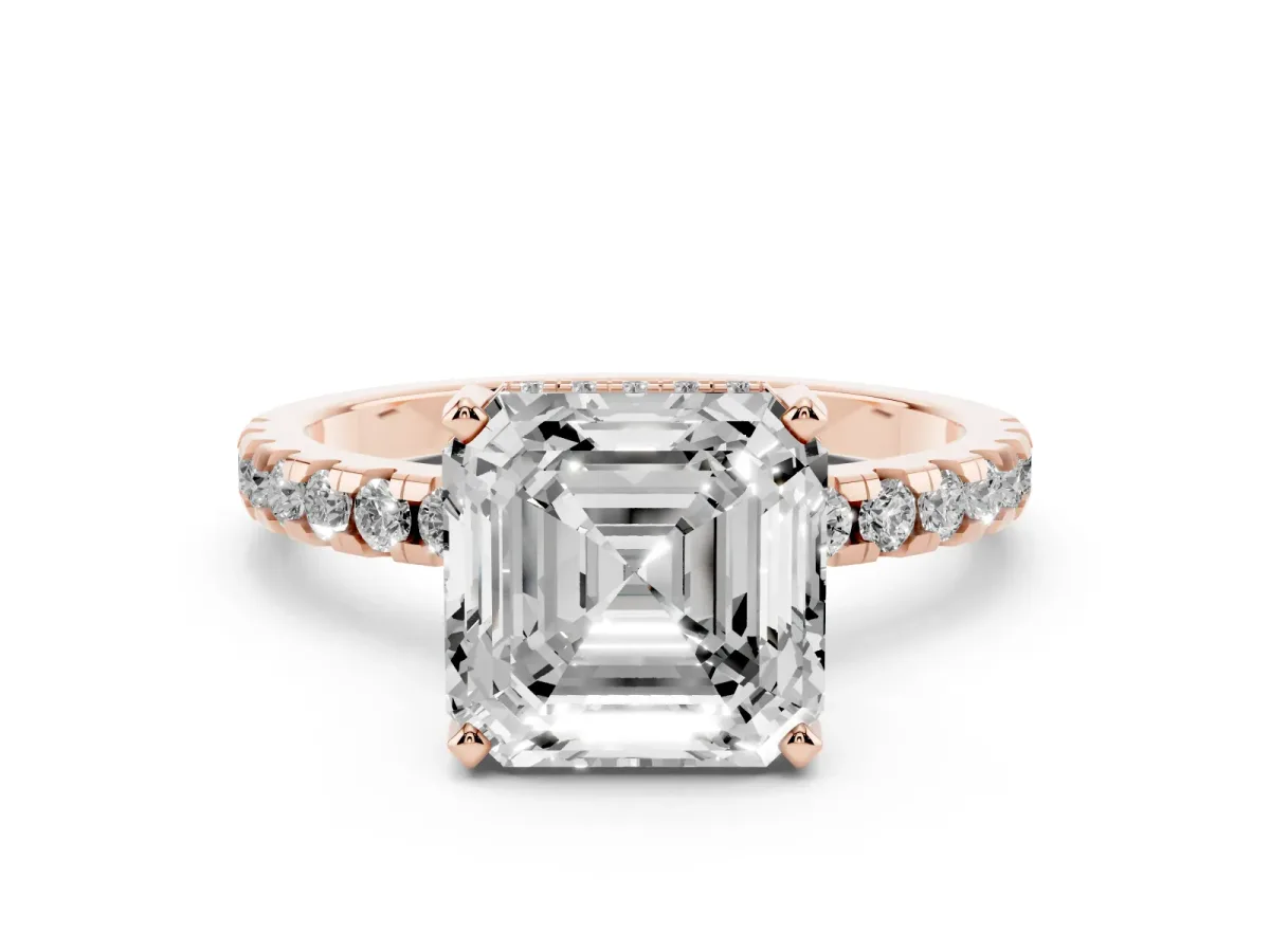 Asscher Cut Diamond Solitaire Ring with Round Pavé Band and Four-Prong Setting Rose gold