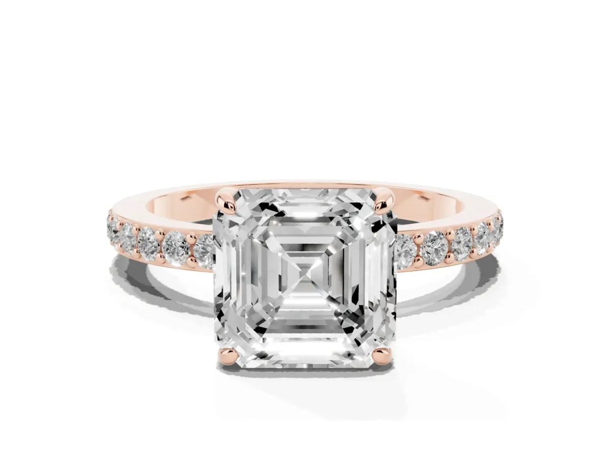 Asscher Cut Diamond Solitaire Engagement Ring with Pavé Band and Four-Prong Setting Rose gold