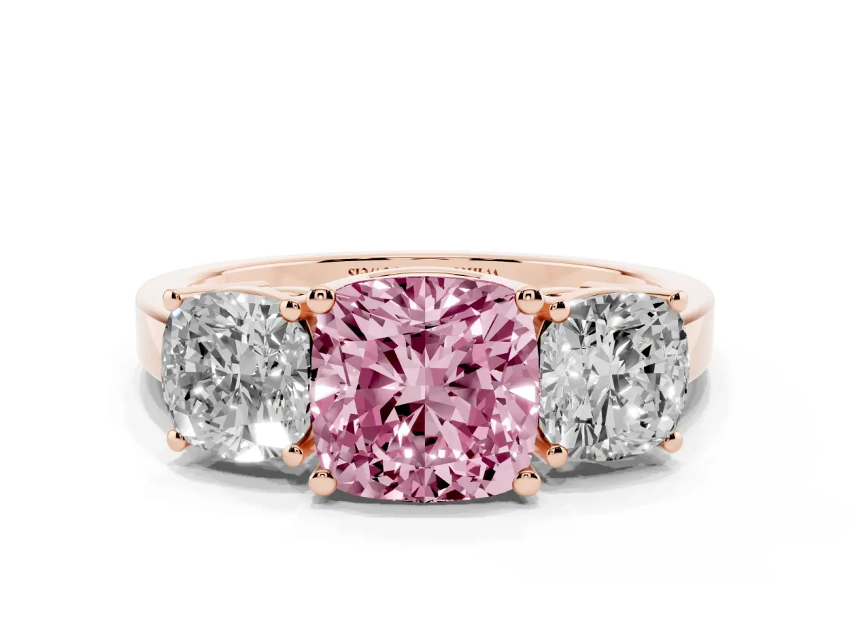 Fancy Pink Three-Stone Cushion Cut Cut Diamond Engagement Ring with Flat Band and Four-Prong Setting Rose gold