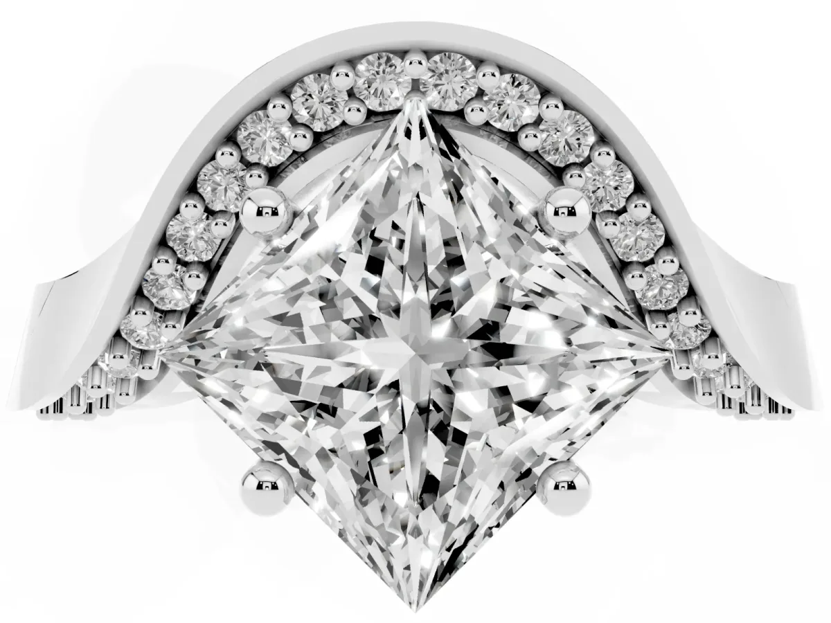 Princess Cut Solitaire Diamond Engagement Ring with Pave Band and Four-Prong Setting Silver