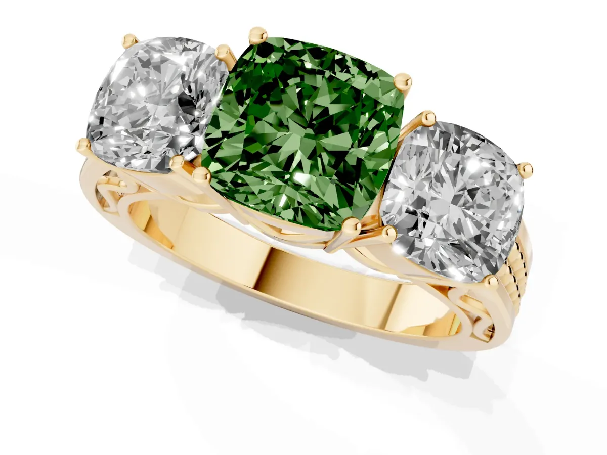 Fancy Green Cushion Cut Diamond Three-Stone Ring with Prong Setting and Textured Band Yellow gold