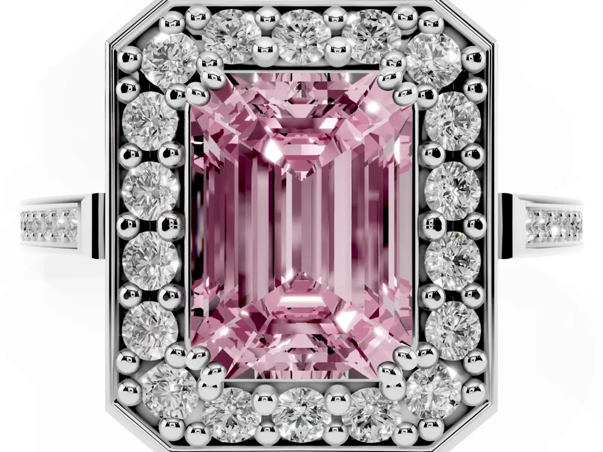 Fancy Pink Emerald Cut Diamond Halo Ring with Split Shank and Four-Prong Setting Silver