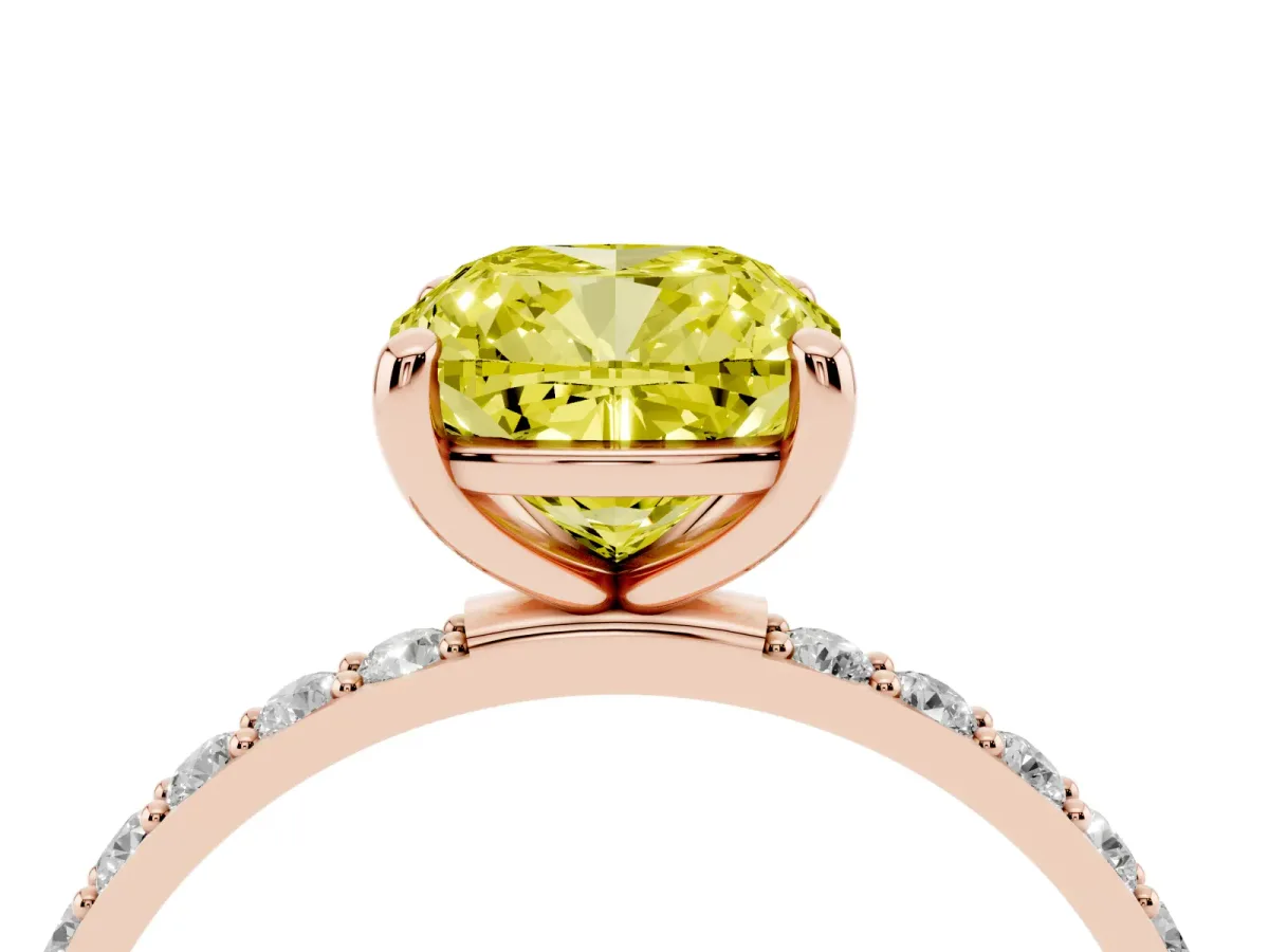 Fancy Yellow Cushion Cut Diamond Solitaire Ring with Round Pavé Band and Prong Setting Rose gold