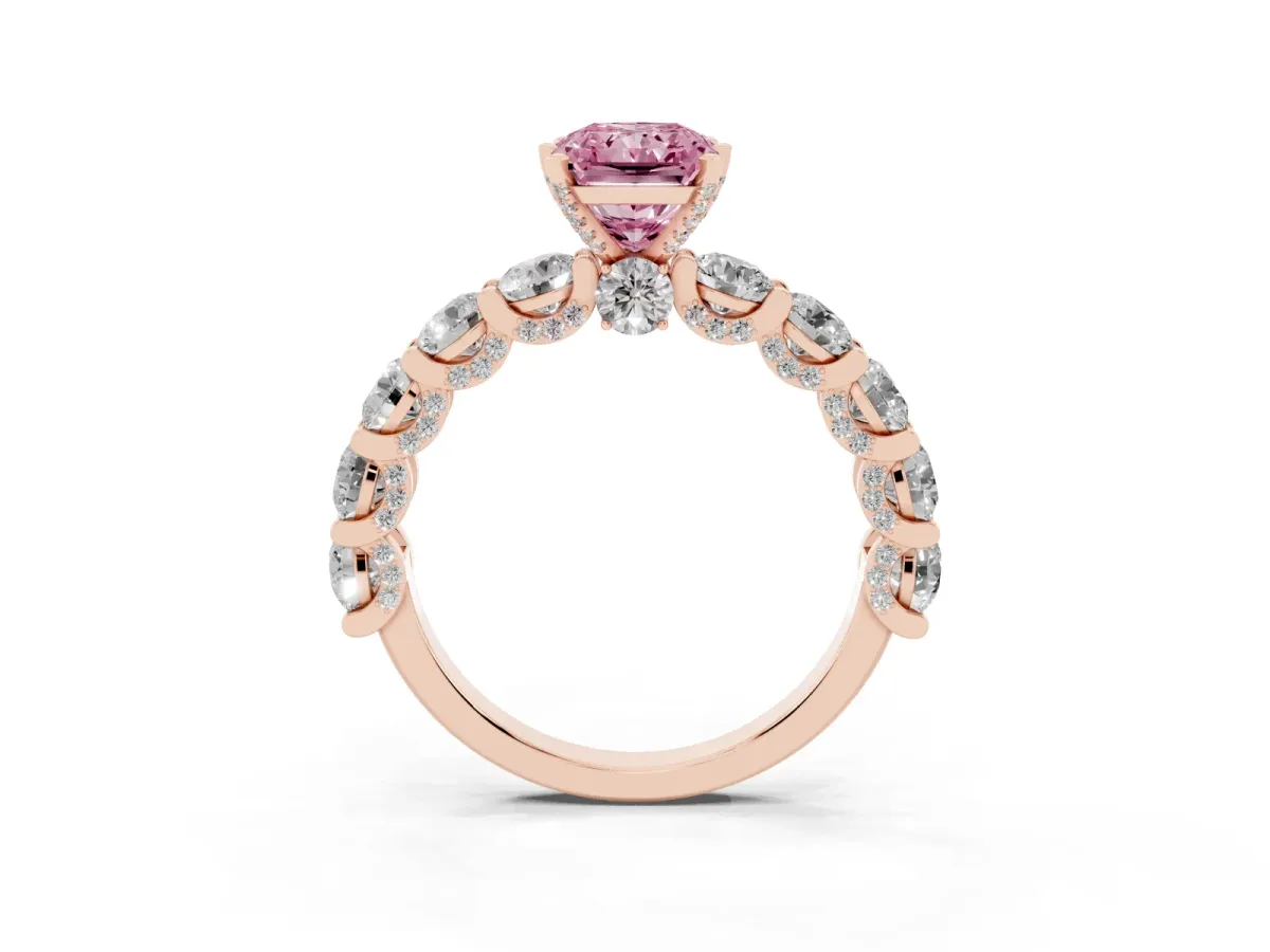 Fancy Pink Radiant Cut Diamond Side Stone Engagement Ring with Four-Prong Setting Rose gold