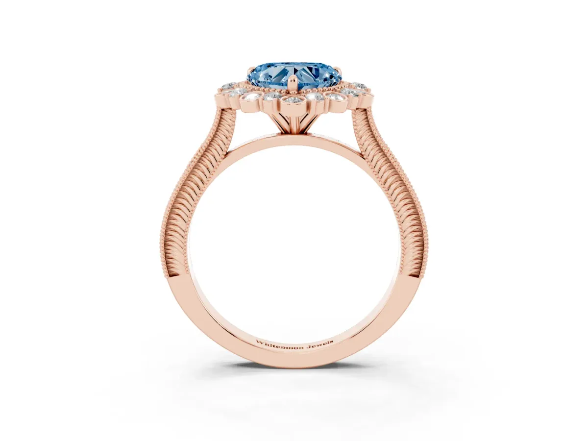 Fancy Blue Heart Cut Halo Milgrain Pave Diamond Ring with Four-Prong Setting Rose gold