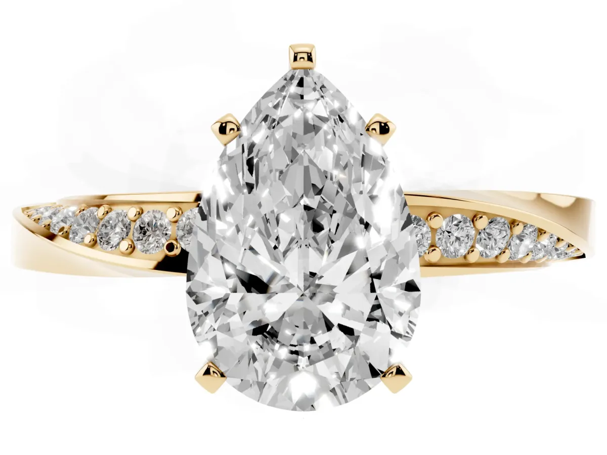 Pear Cut Diamond Engagement Ring with Side Stone Accents and Four-Prong Setting Yellow gold