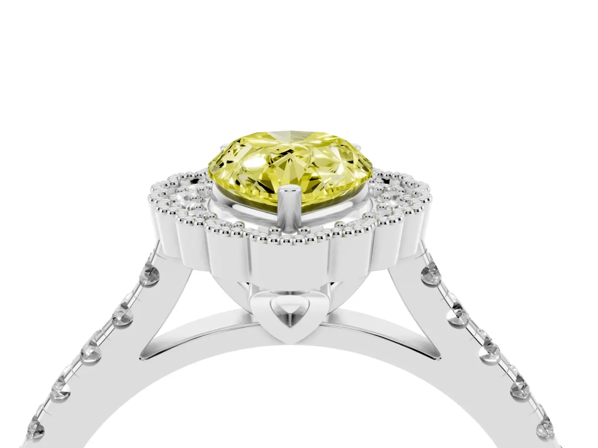 Fancy Yellow Pear Cut Cut Diamond Milgrain Floral Halo Engagement Ring with Pavé Band White gold