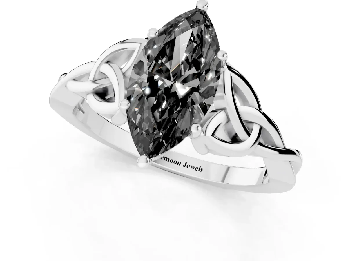 Fancy Black Marquise Cut Diamond Solitaire Engagement Ring with Celtic Knot Band and Four-Prong Setting White gold