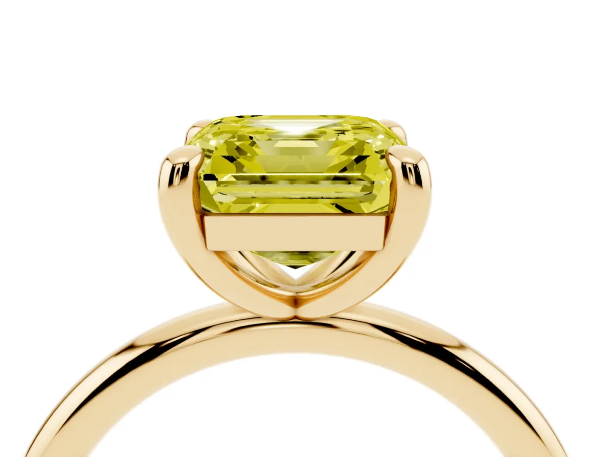 Fancy Yellow Asscher Cut Solitaire Diamond Ring with Four-Prong Setting on a Plain Band Yellow gold