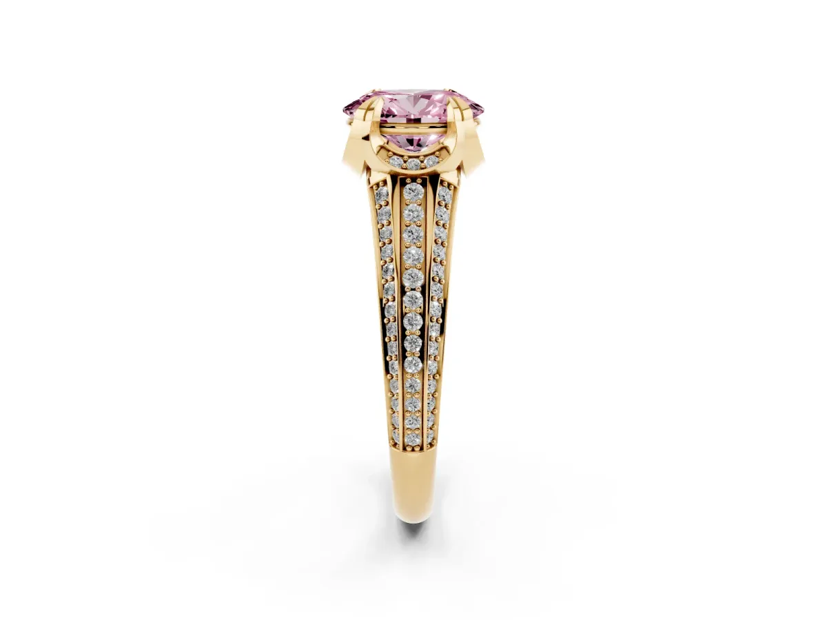 Fancy Pink Oval Cut Solitaire Pave Split Shank Ring with Four-Prong Setting Yellow gold