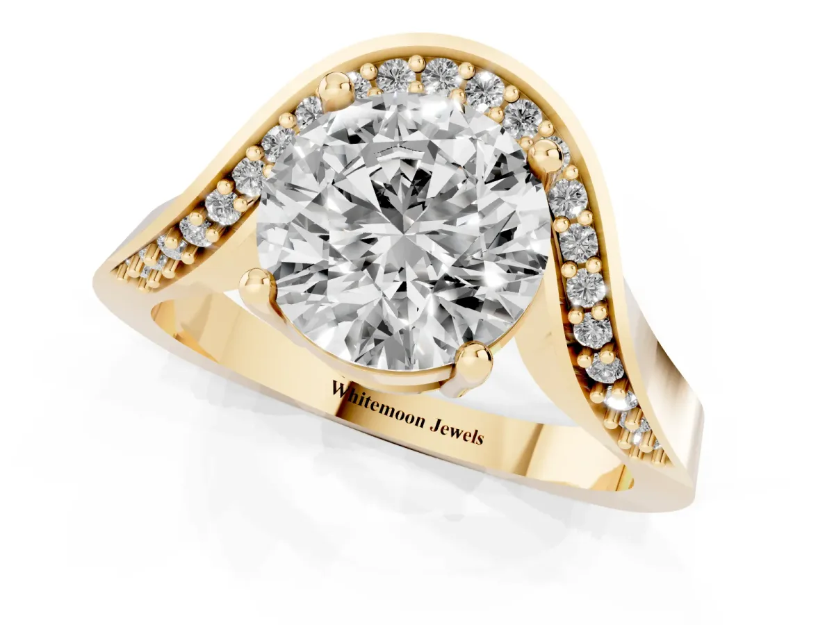 Round Cut Solitaire Diamond Engagement Ring with Pave Band and Four-Prong Setting Yellow gold