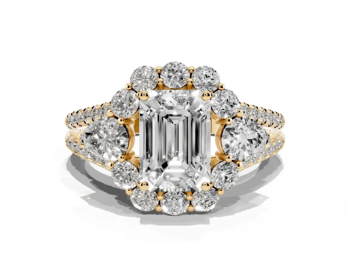 Emerald Cut Halo Split Shank Diamond Engagement Ring with Prong Setting Yellow gold
