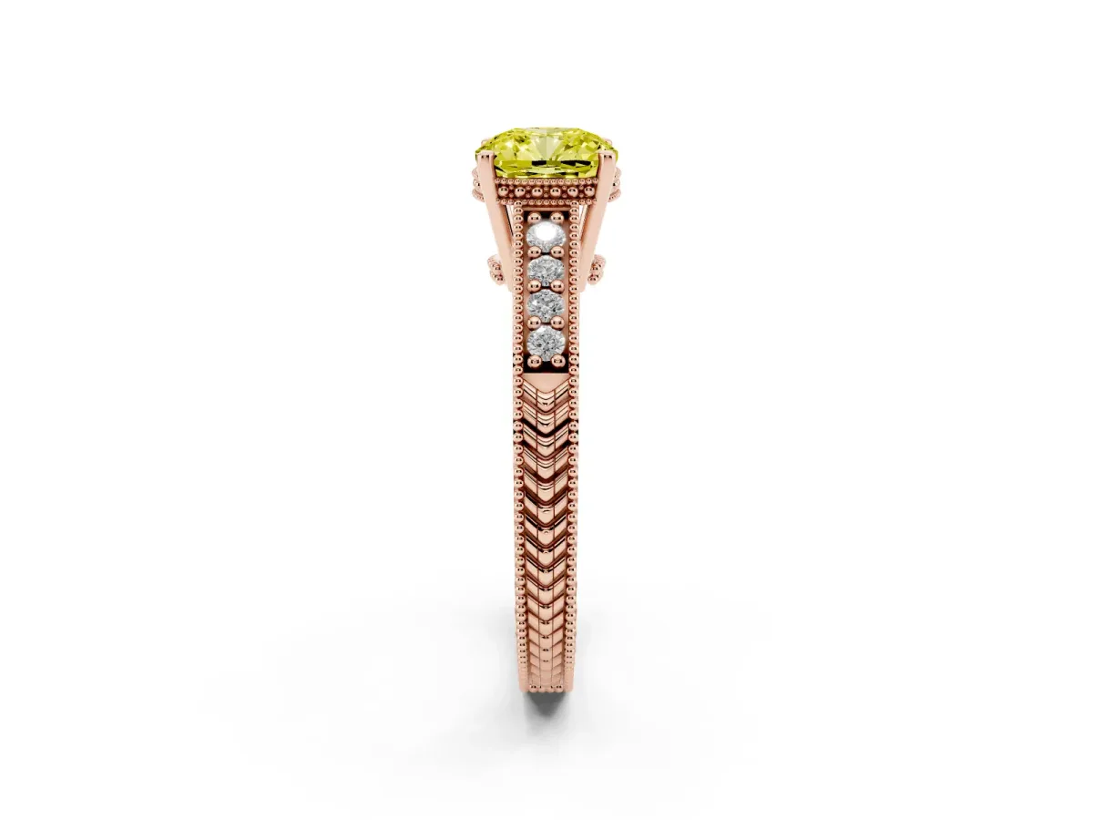Fancy Yellow Cushion Cut Solitaire Pavé Diamond Milgrain Engagement Ring with Four-Prong Setting Rose gold