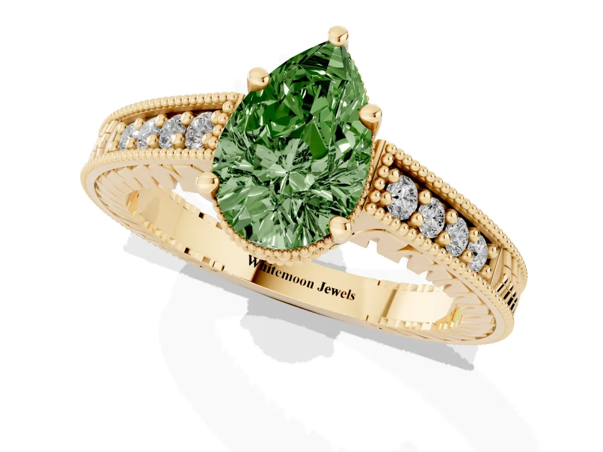 Fancy Green Pear Cut Solitaire Pavé Diamond Milgrain Engagement Ring with Four-Prong Setting Yellow gold