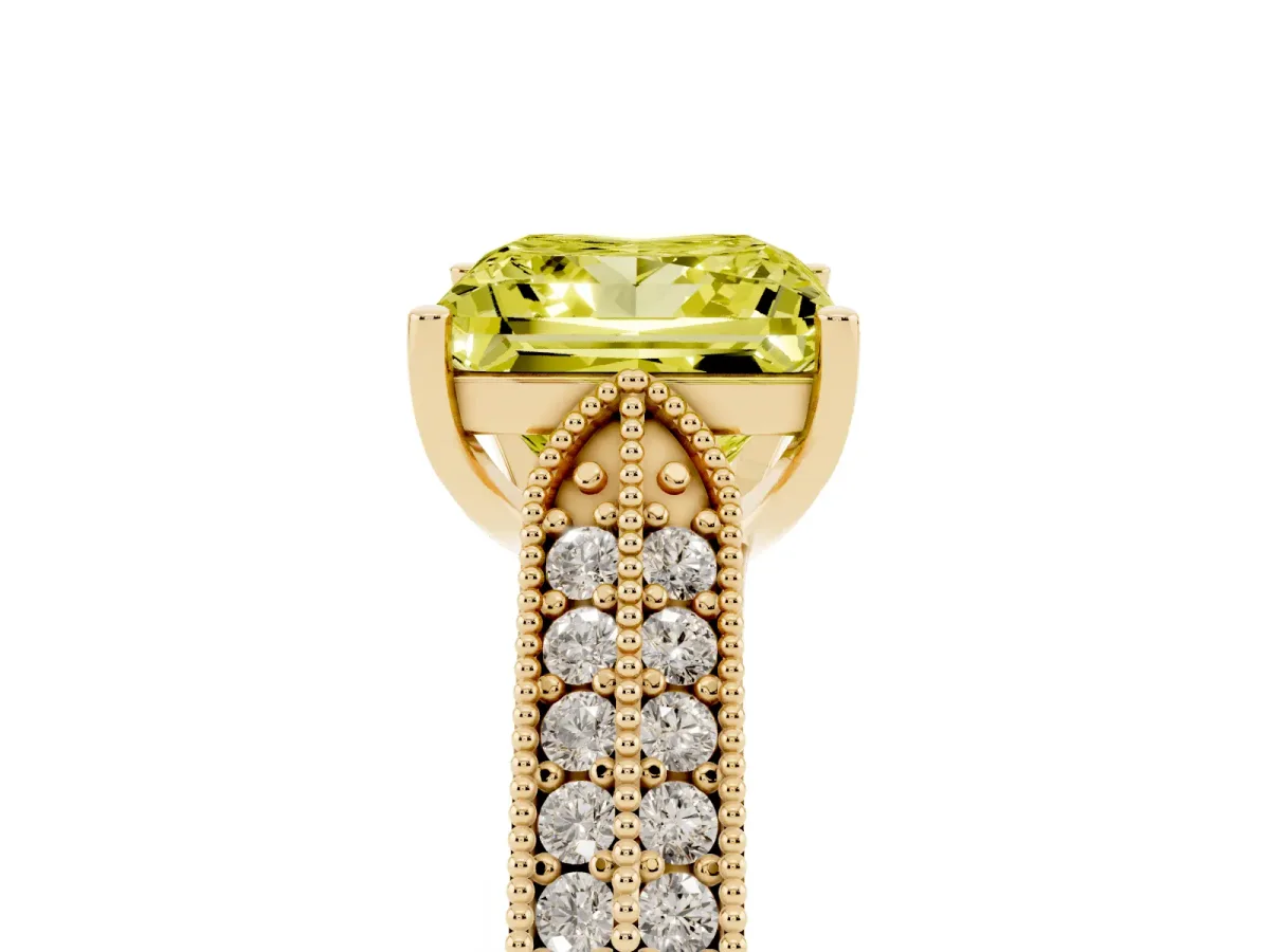 Fancy Yellow Princess Cut Cut Pave Split Shank Engagement Ring with Four-Prong Setting Yellow gold