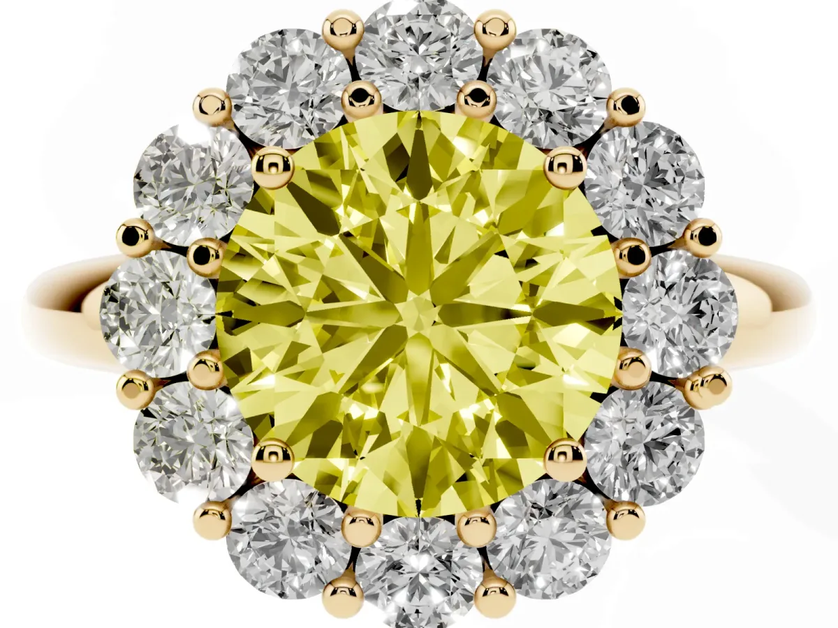 Fancy Yellow Round Cut Halo Cluster Diamond Engagement Ring with Prong Setting and Polished Band Yellow gold