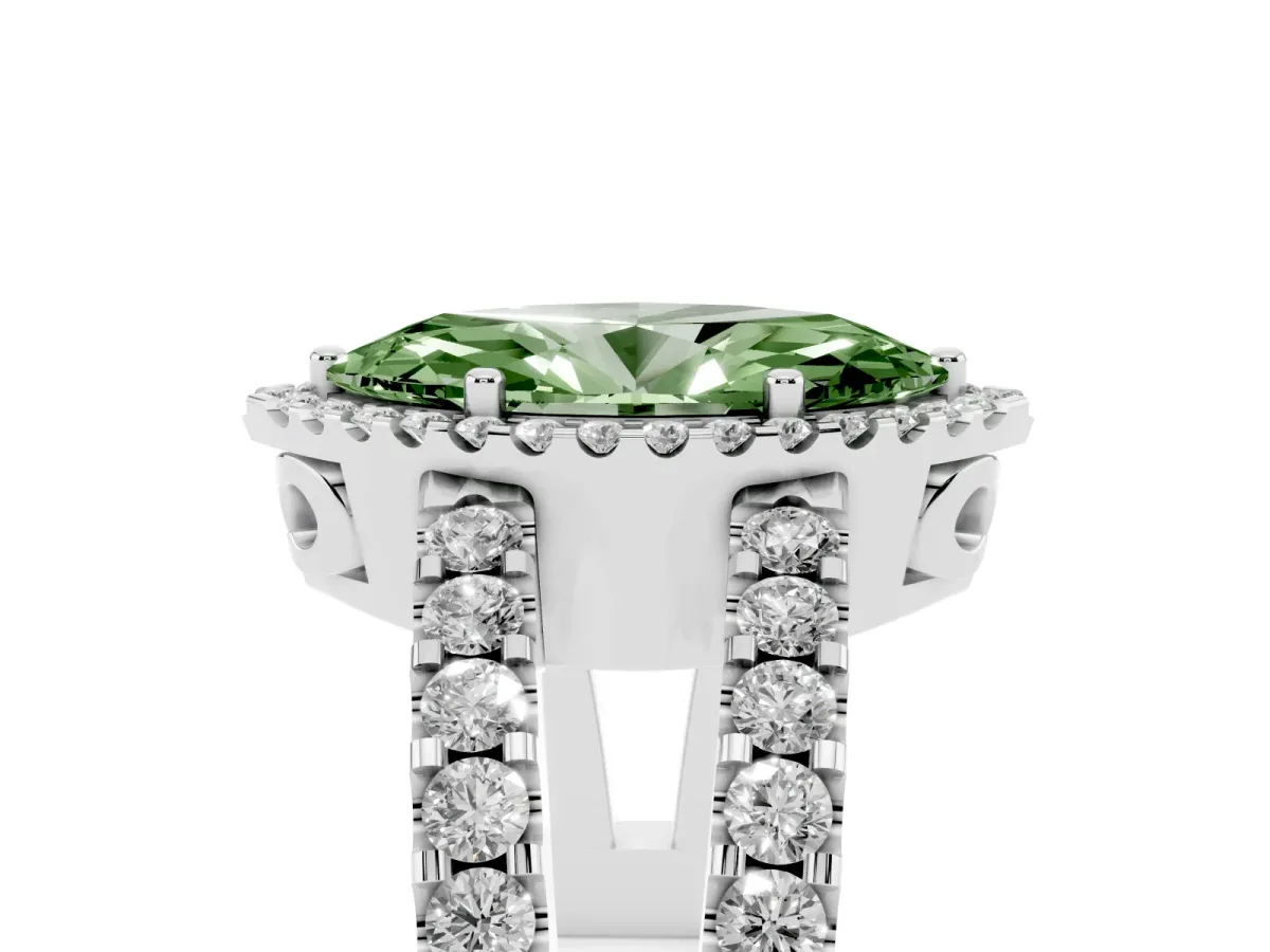 Fancy Green Marquise Cut Cut Halo Split Shank Diamond Ring with Four-Prong Setting Platinum