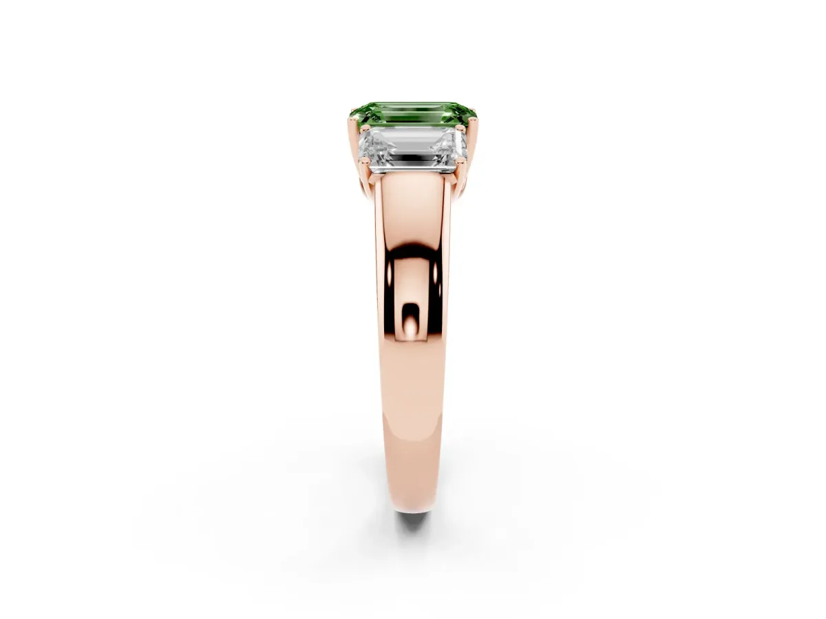 Fancy Green Three-Stone Emerald Cut Cut Diamond Ring with Prong Setting and Classic Band Rose gold